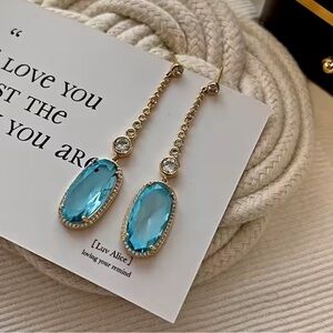 Ocean Blue Topaz Diamond Gold Dangle Earrings